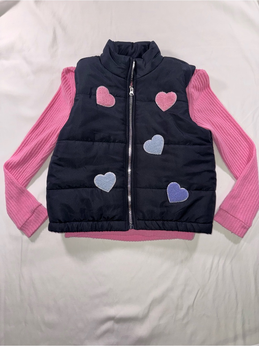 Derek Heart Girls Black Puffer Vest with Pink Heart Appliqués